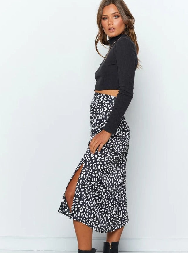 Leopard Print Chiffon High Waist Slit Skirt