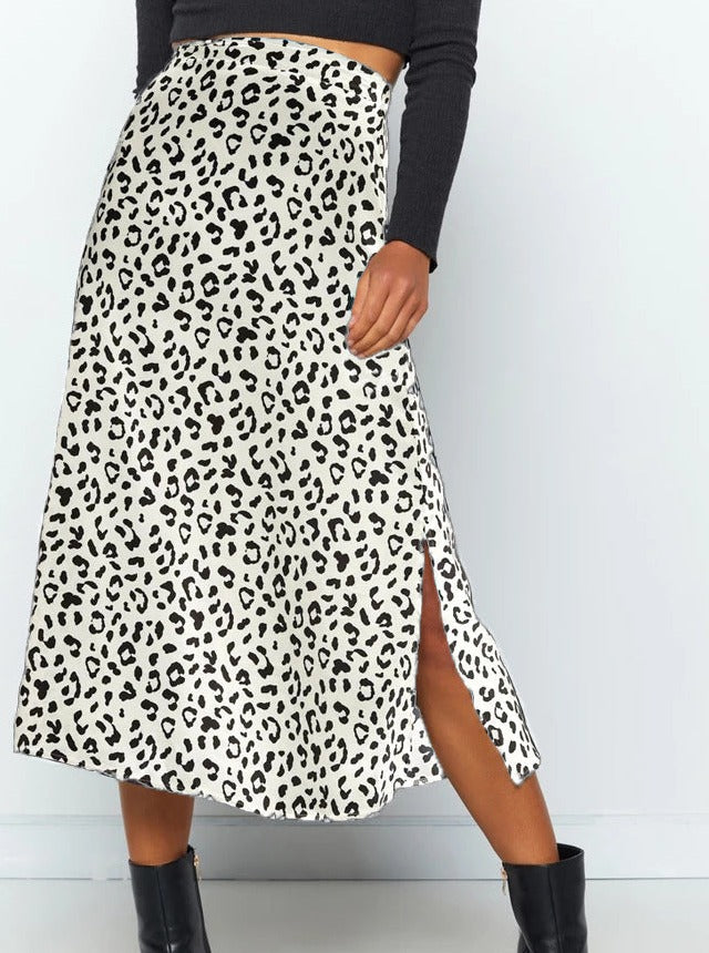 Leopard Print Chiffon High Waist Slit Skirt