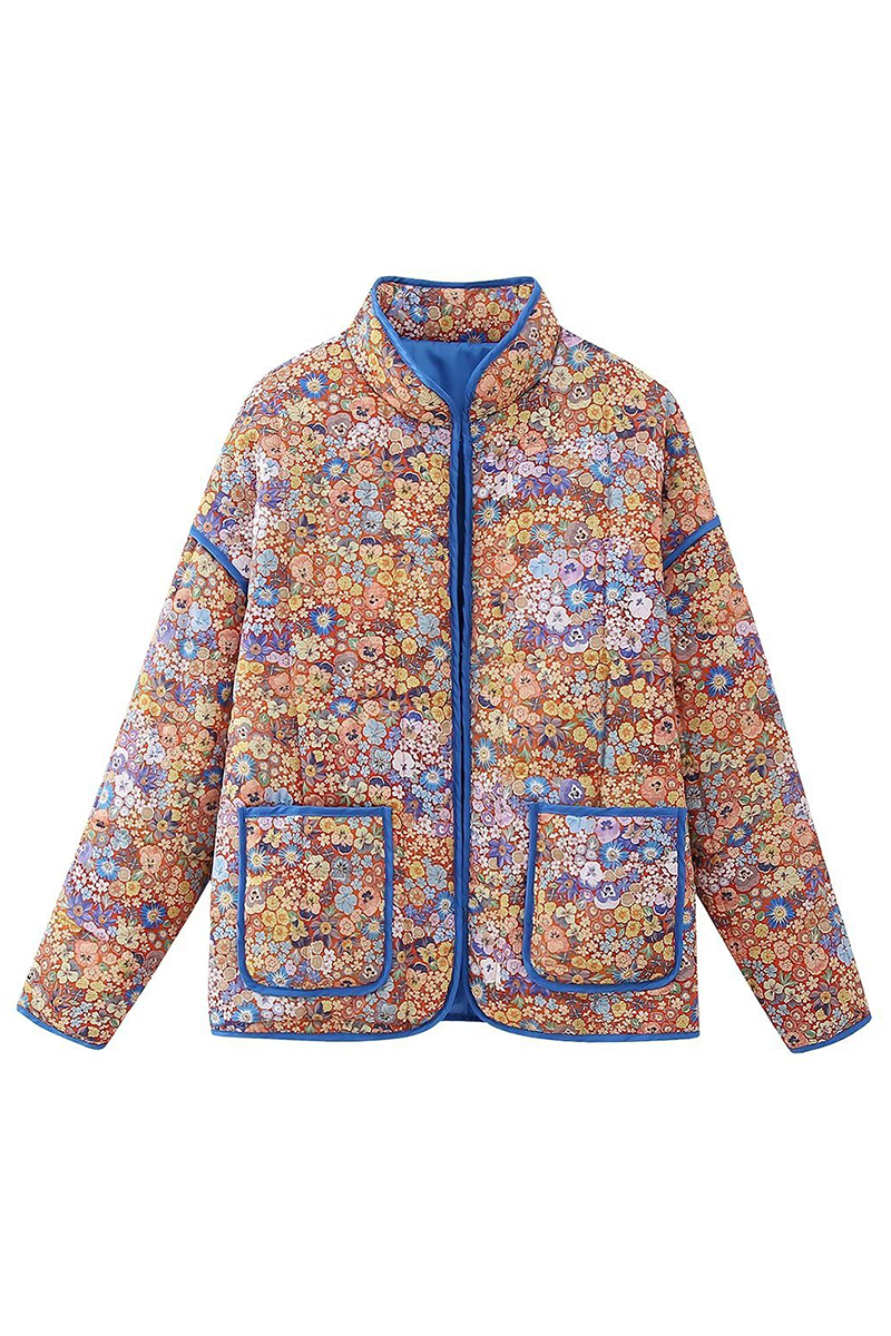 Damen Steppjacke Blumenmuster farbenfroh Leichte Übergangsjacke Frühling Herbst