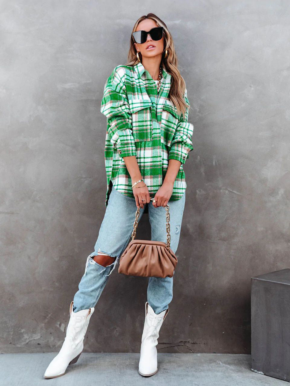 Chic trendy grøn plaid overshirt