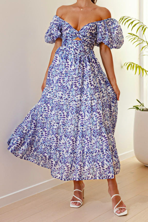 Floral Puff Sleeve Midi Dress in Blue and White