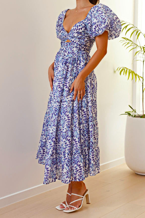 Floral Puff Sleeve Midi Dress in Blue and White