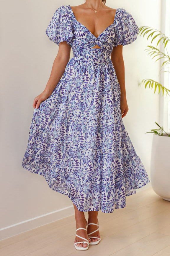 Floral Puff Sleeve Midi Dress in Blue and White