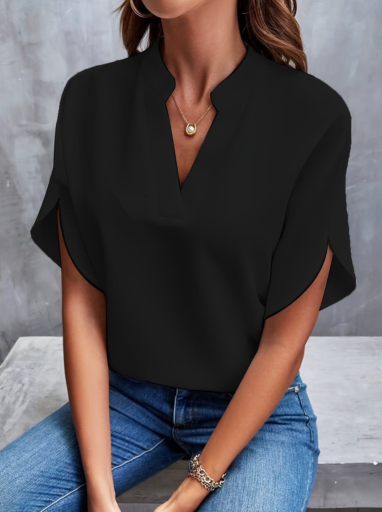 Elegant Short Sleeve Deep Notch V Neck Blouse