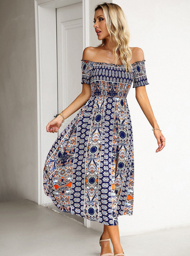 Sommer Off Shoulder Bohemian Slit Midi-kjole 