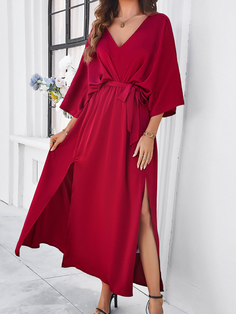 Elegantes Wickelkleid, Rotes Maxi-Kleid mit V-Ausschnitt und Taillengürtel