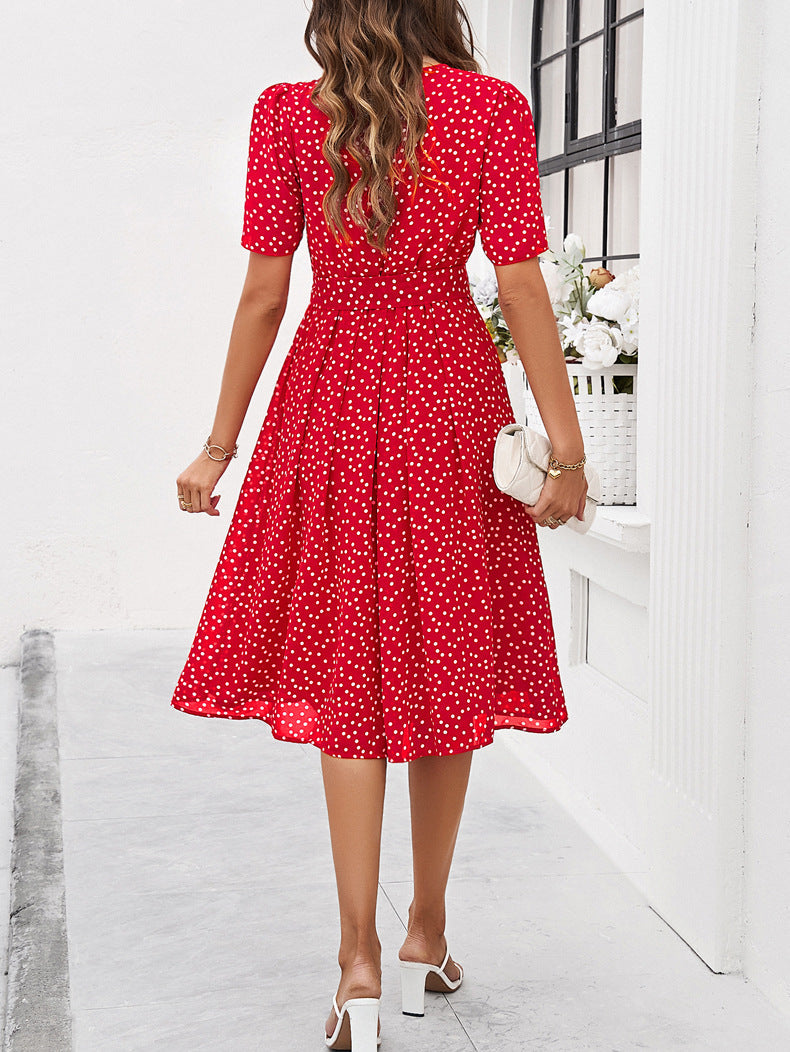 Retro Polka Dots printet rund hals A-line kjole 