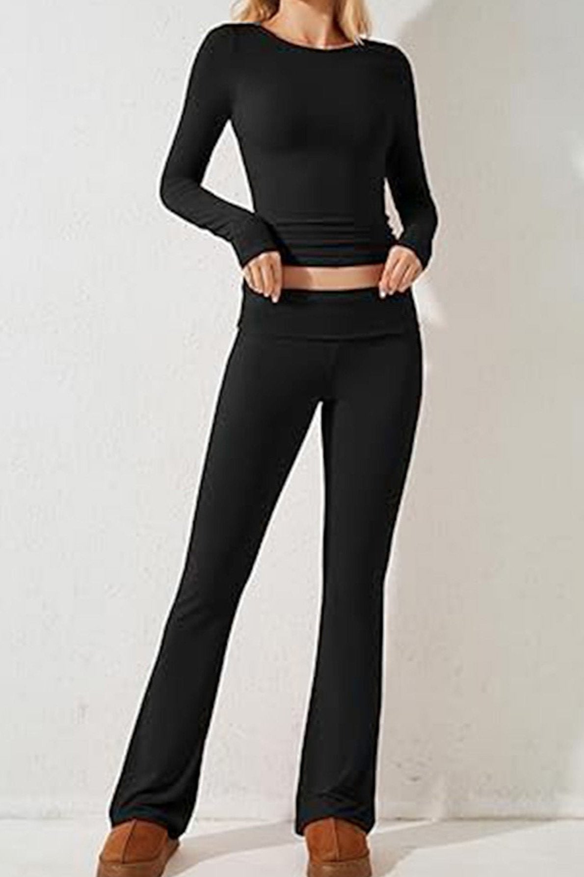 Todelt sort langærmet Crop Top Flare Pants Set 