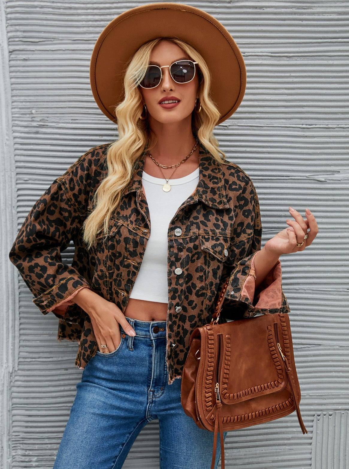 Afslappet leopardprint denim kort jakke 