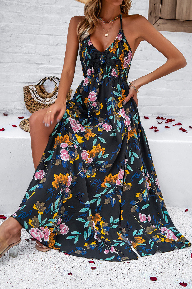 Black V-Neck Tie Back Printed Long Dress