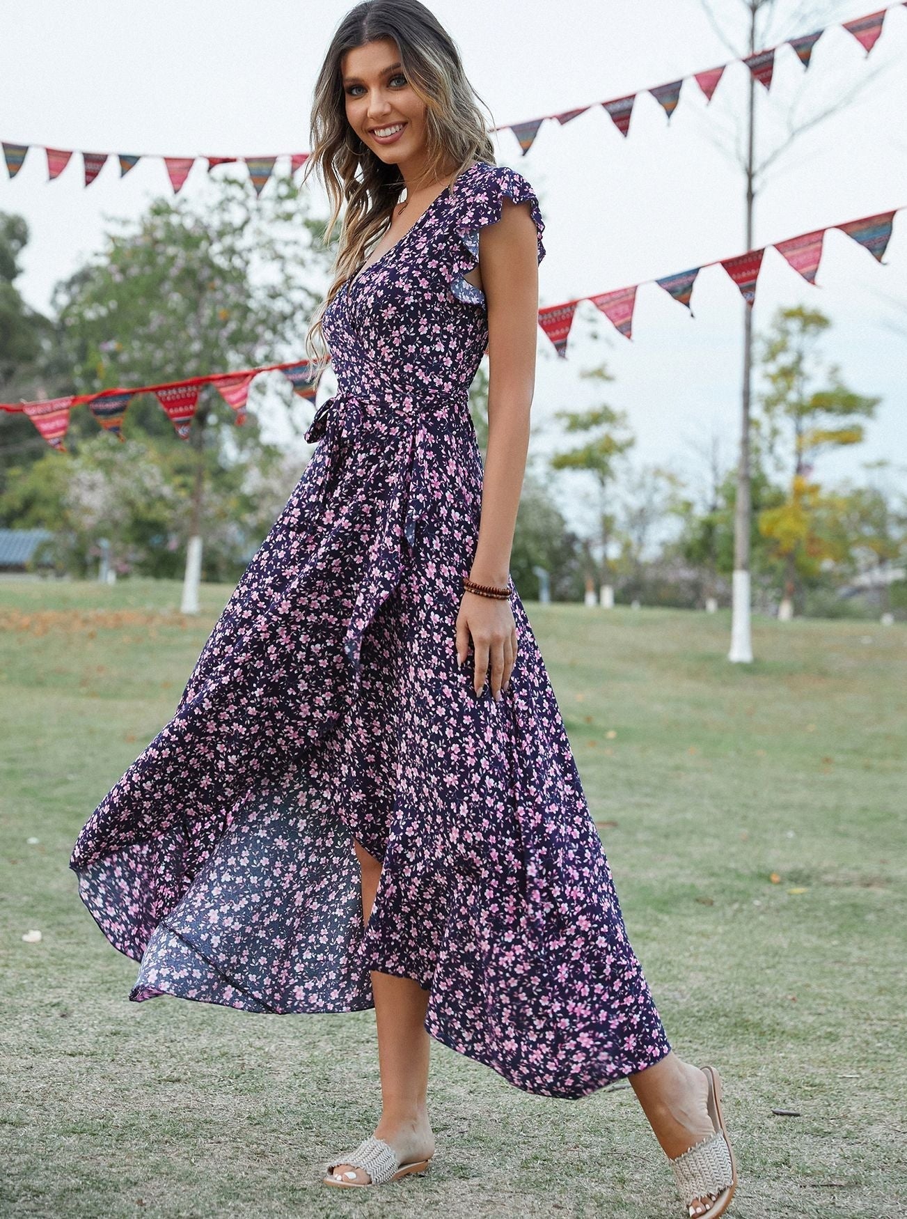 Bohemian Floral Print Vintage bomuld Slit Midi-kjole 