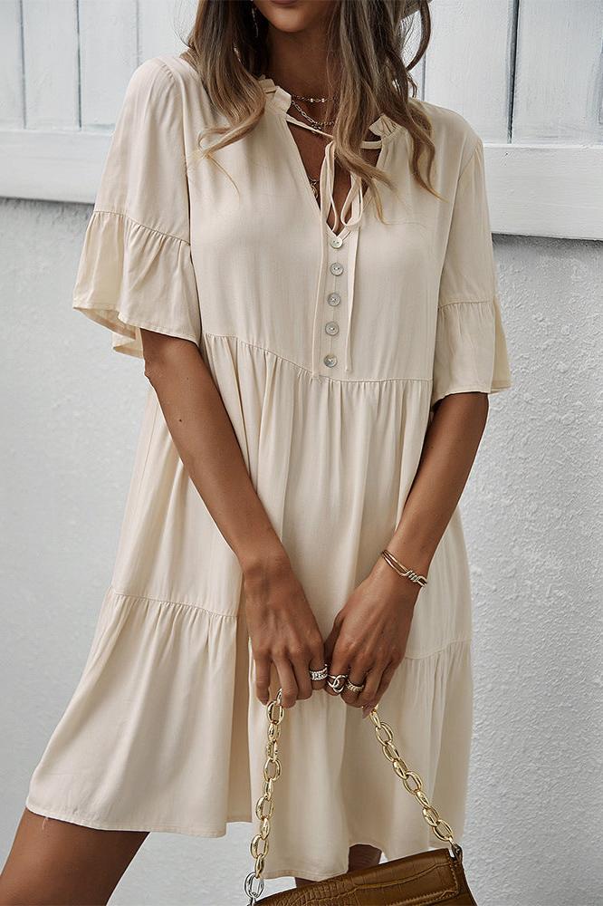 Apricot Sexy Frill V-Neck Drawstring Tie Smock Dress