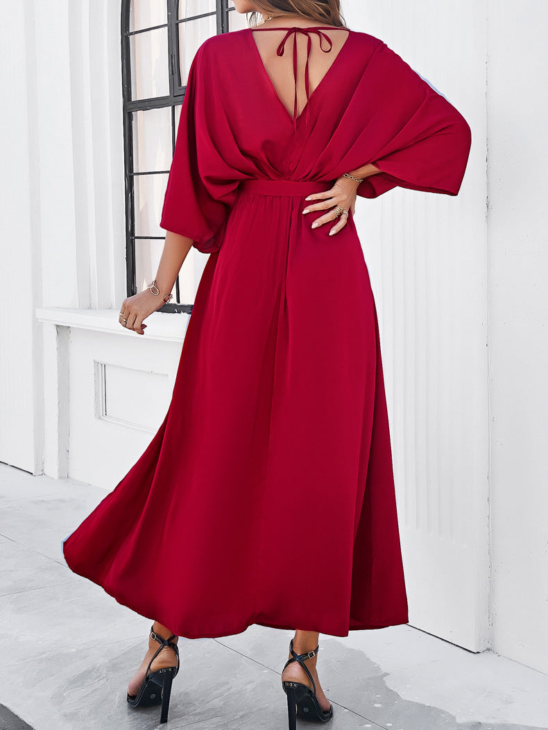 Elegantes Wickelkleid, Rotes Maxi-Kleid mit V-Ausschnitt und Taillengürtel