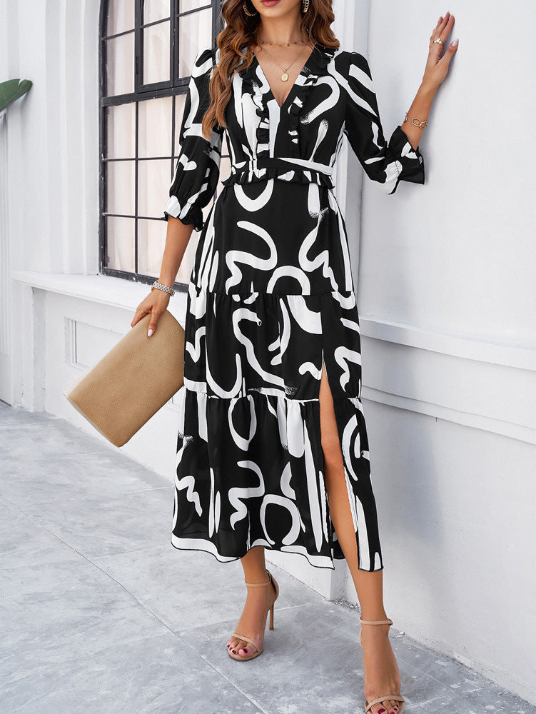 Black V-Neck Abstract Printed Sundress