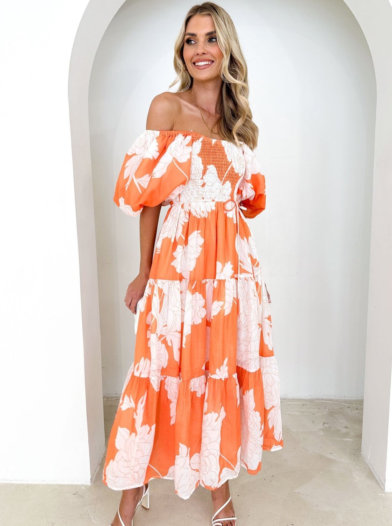 Floral Maxikleid Off-Shoulder Puffärmel Buntes Muster Sommer Chic