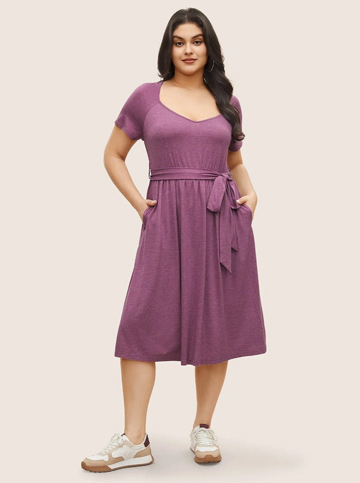 Plus Size Lilla Scoop Neck Tie Talje Sommerkjole 