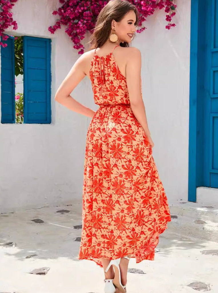 Orange Sleeveless Halter Neck Tropical Dress