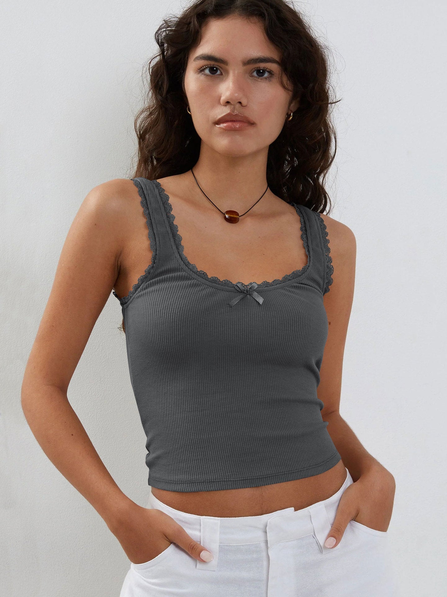 Dark Grey Tank Lace Sleeveless Crop Top