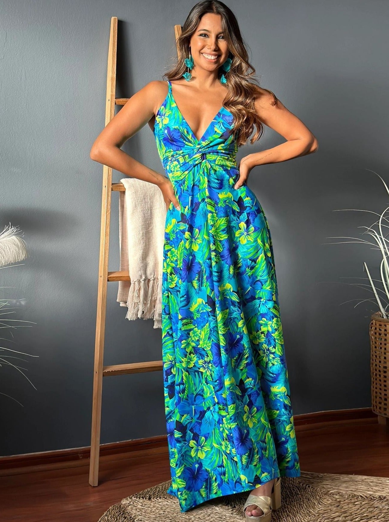 Elegant V-Neck Printed Twisted Chic Long A-Line Dress