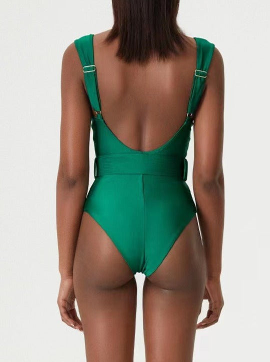 Green V-Neck Strap Sexy Bikini Belted High Waist Swimsuit