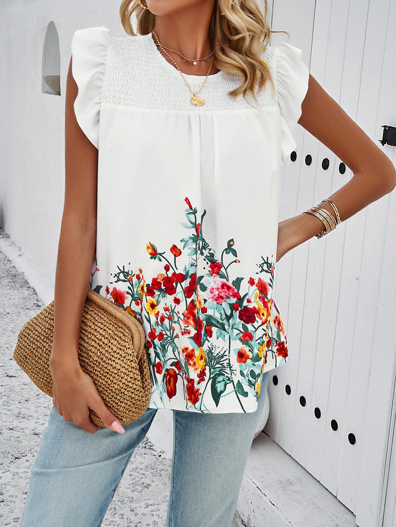 White Round Neck Floral Printed Blouse