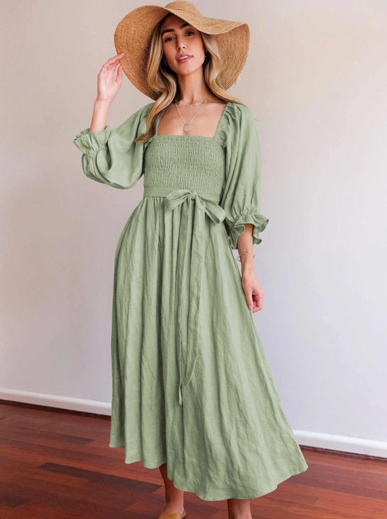 Light Green Rope Belt  Ruffled Lantern Sleeve Pleated Dress