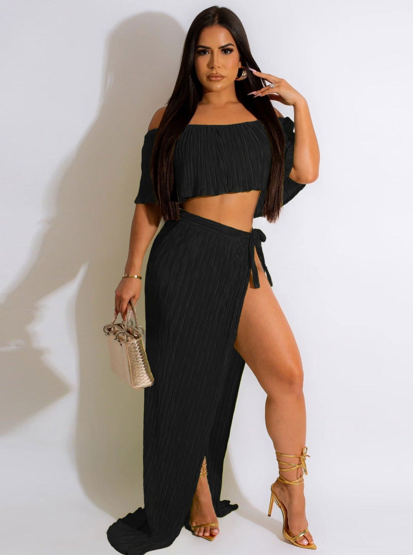 Elegant Ruffle Pleated Off Shoulder Top and Skirt Set