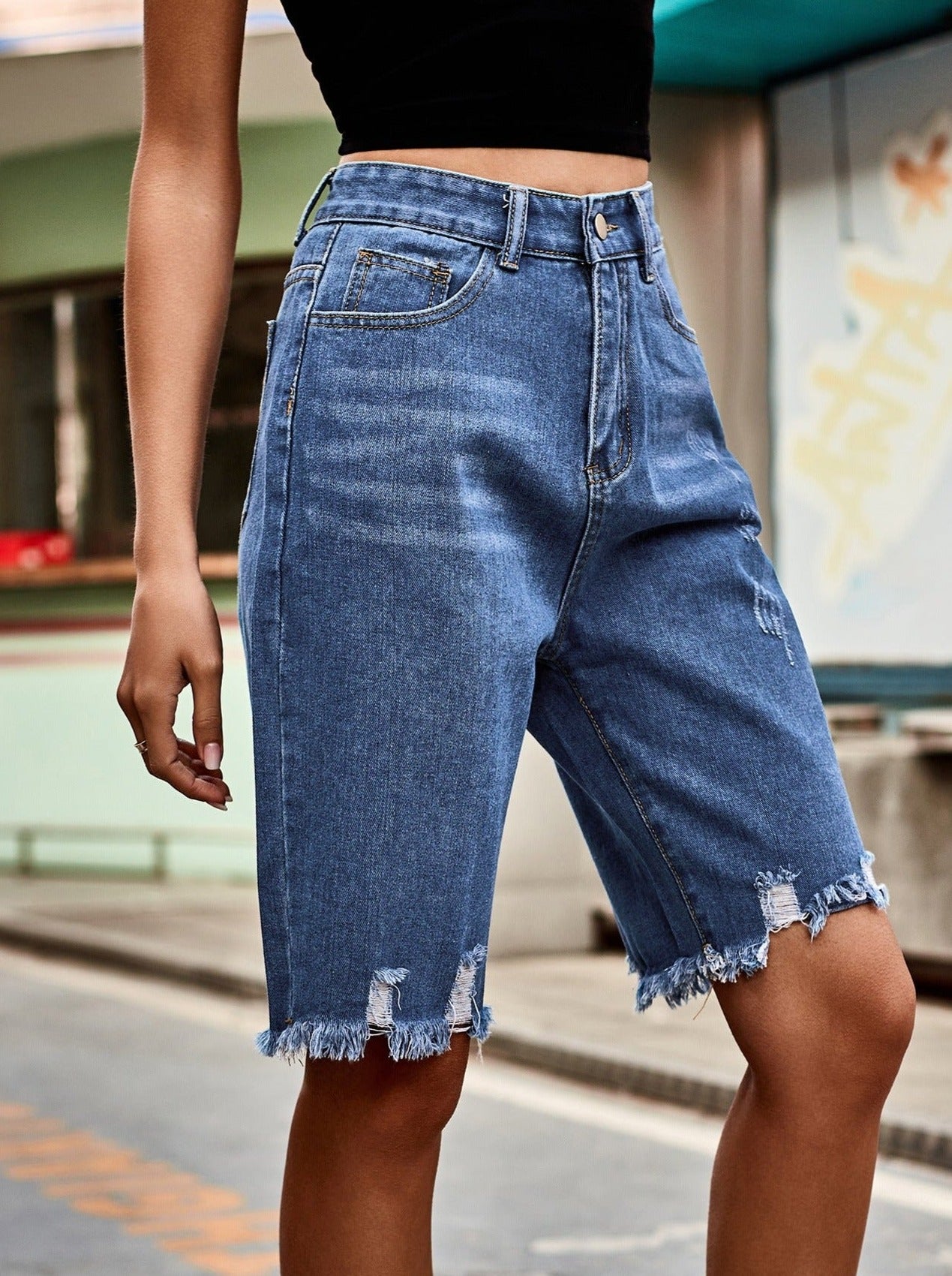 Knappede Loose Fit Ripped Washed Denim Shorts 