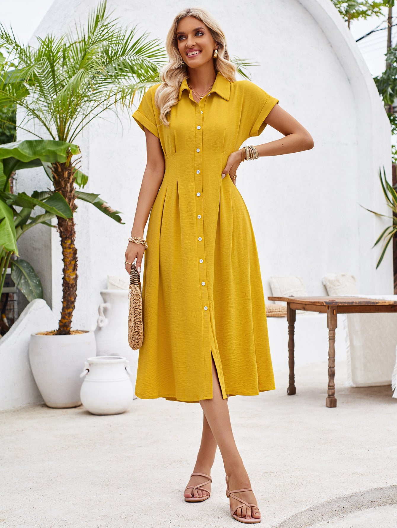 Plain Buttoned Tucked Shirt Short Sleeves Maxi Dress