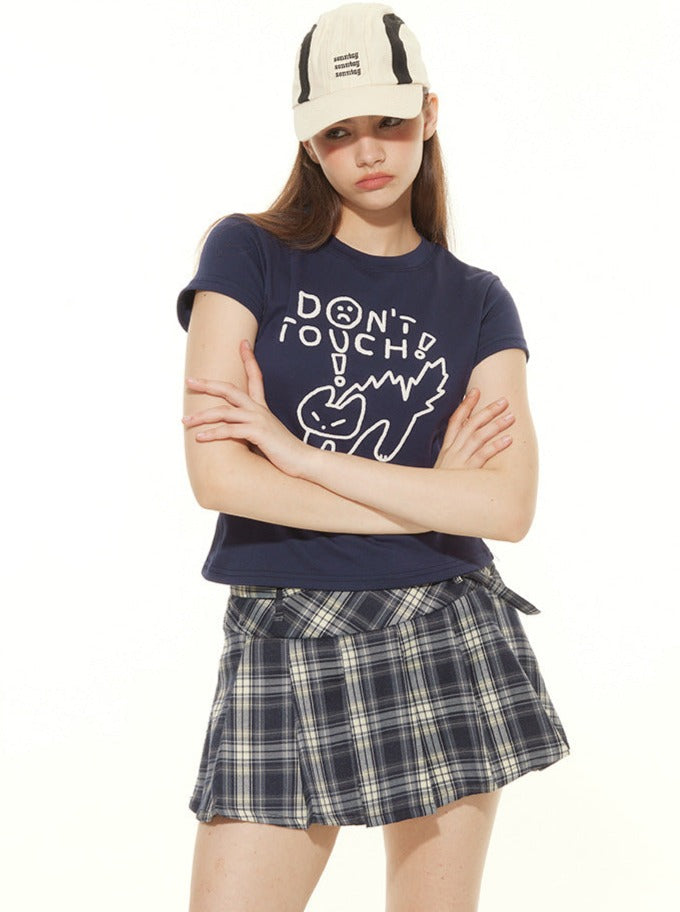 Blue Short Sleeve Cat & Lettering Print Crop Tee