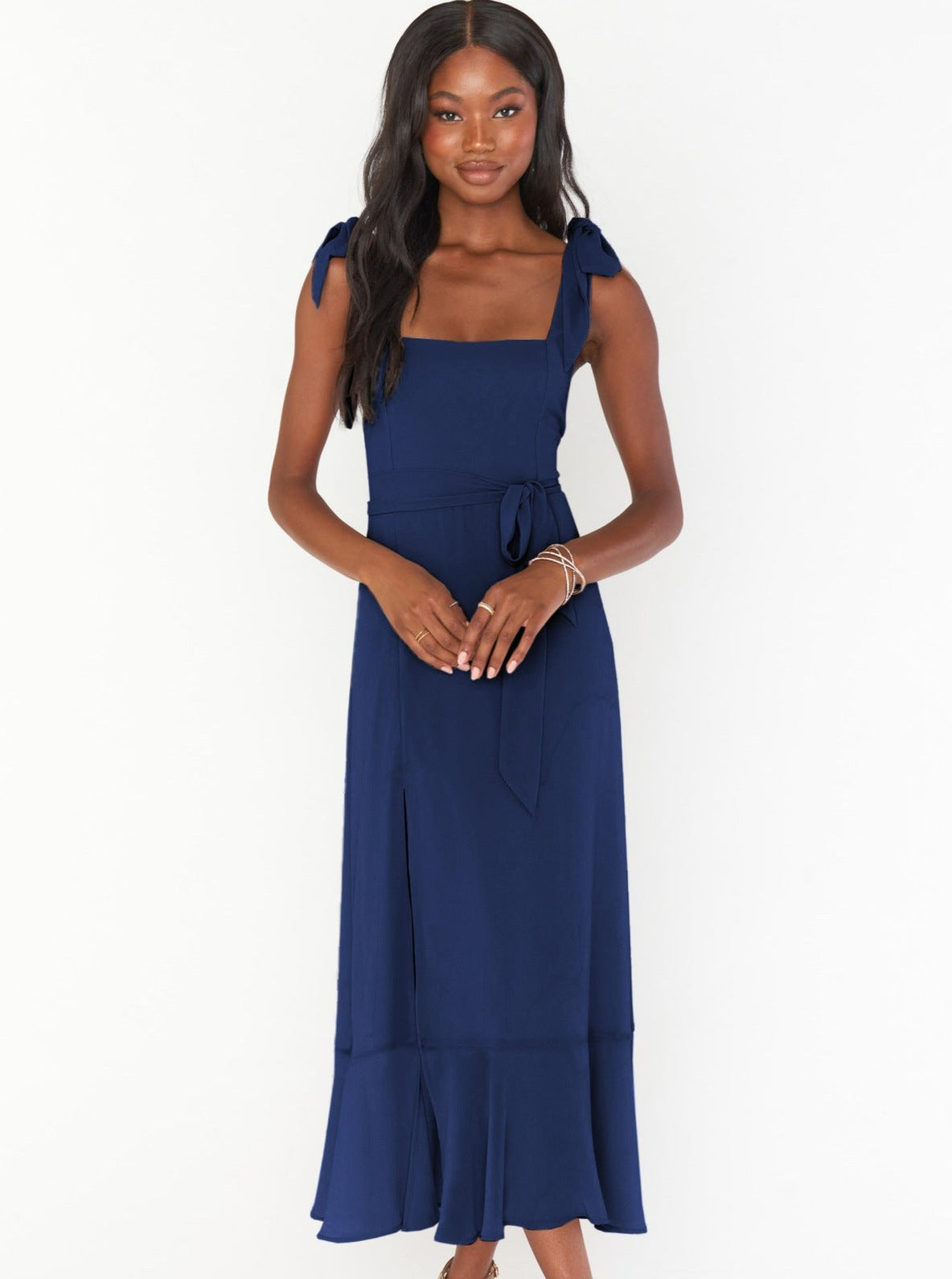 Sommerkleider Midi Schleife Elegant Leinen Maxi mit Schlitz