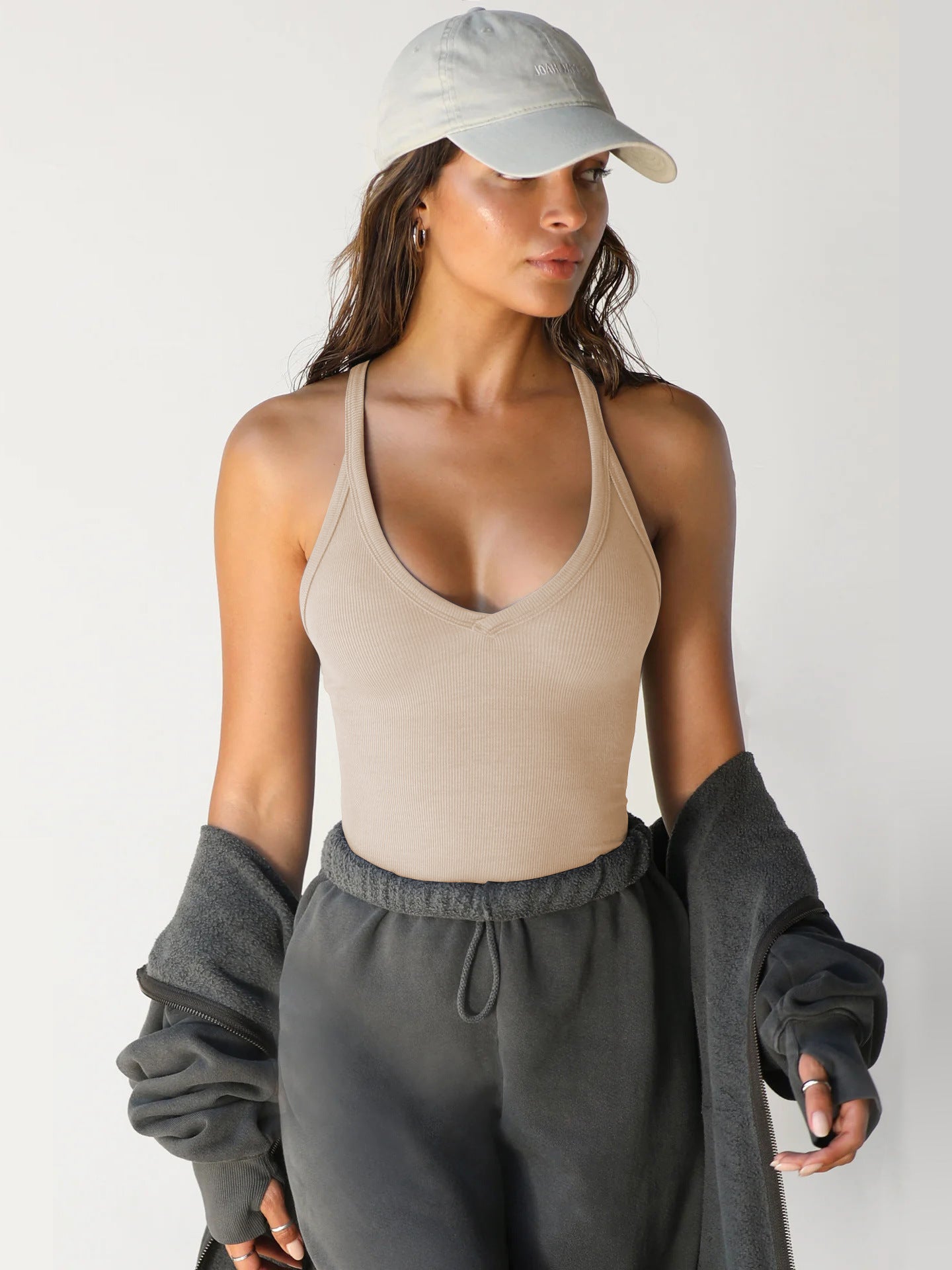 Beige Halter V-hals almindelig ærmeløs top 