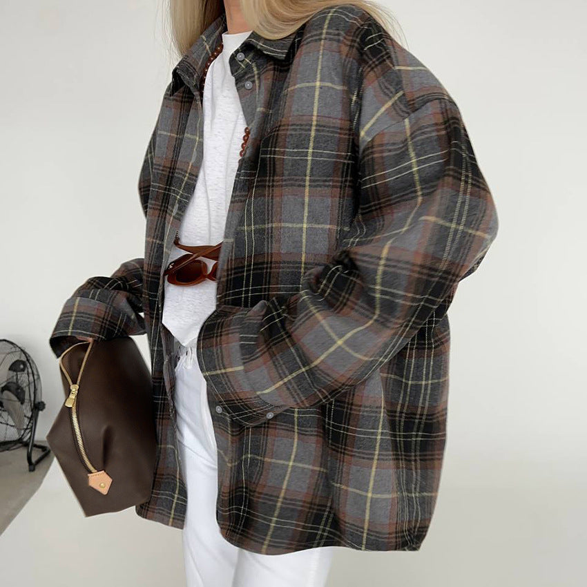 Retro løs plaid skjorte med knapper 