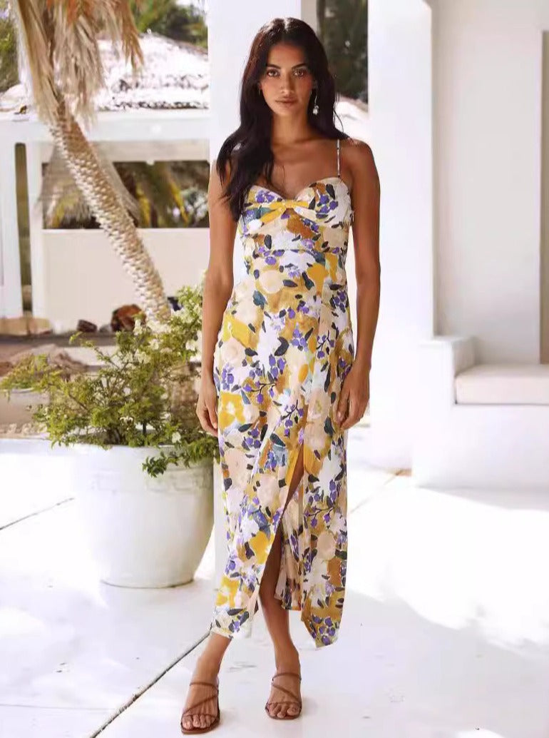 Summer Slim Split Sexet Floral Chiffon Vintage Midi-kjole 