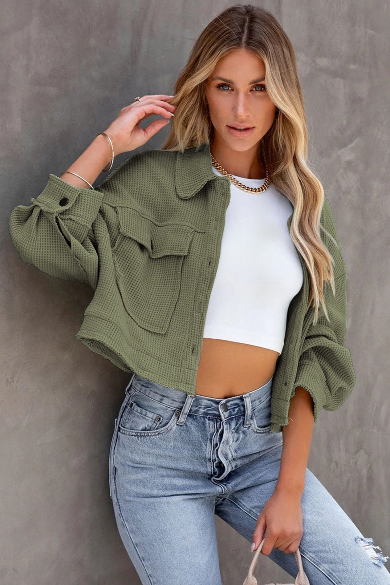 Green Long Sleeve Solid Color Collared Jacket