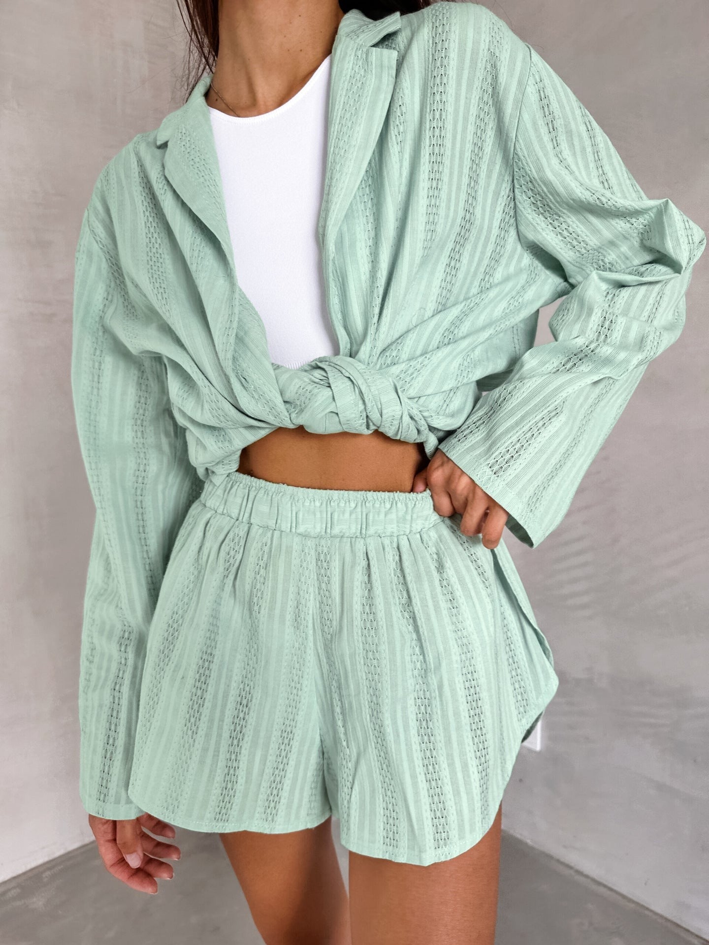 Two Piece Set Nightwear Long Sleeve Shirt and Shorts