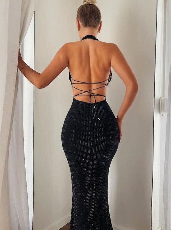 Sexy Long U-Neck Backless Sleeve Less Bodycon Maxi Dress