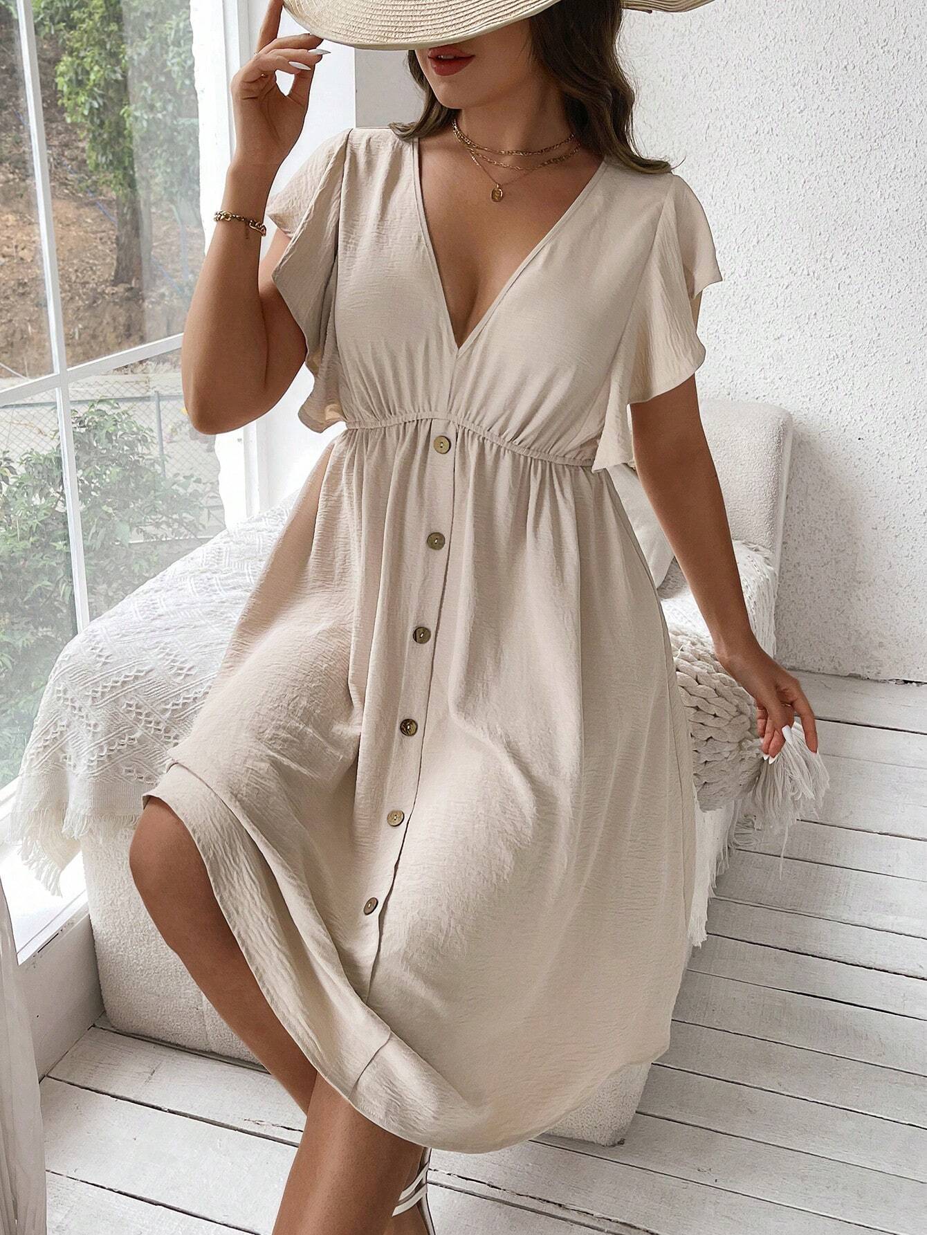 Plus Size V-hals Button Down Sun Dress 