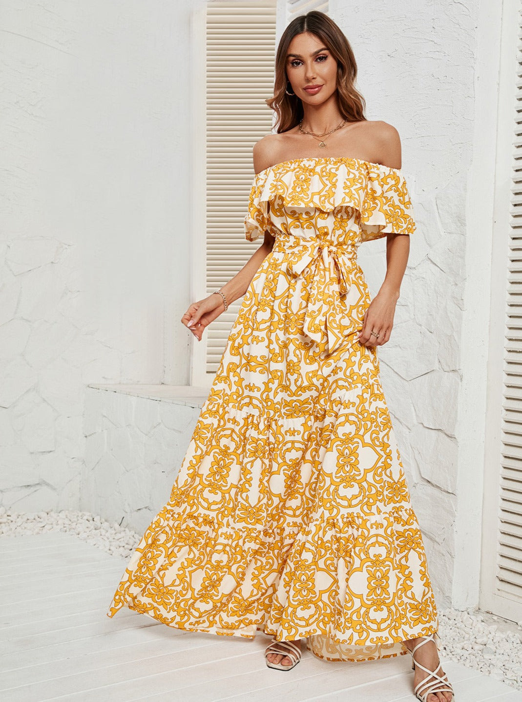 Off Shoulder Floral Ruffle Temperament Maxi Dress