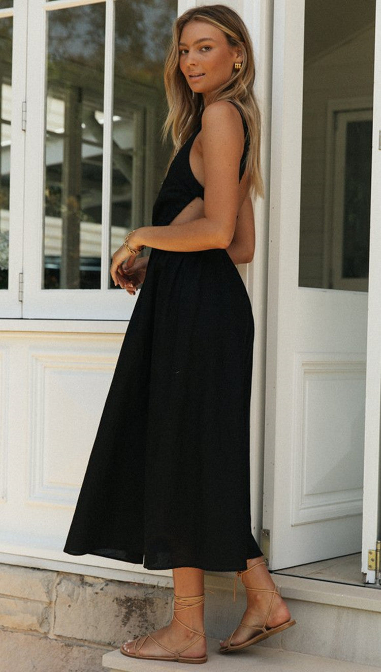 Black Round Neck Backless Swing Dress