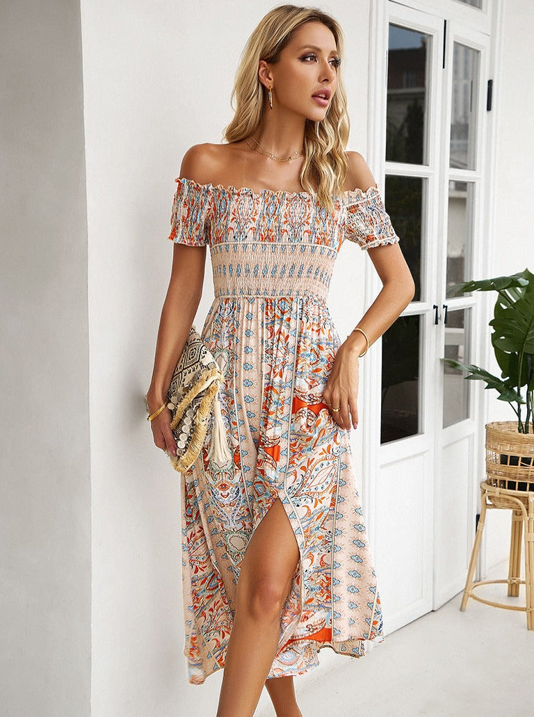 Sommer Off Shoulder Bohemian Slit Midi-kjole 