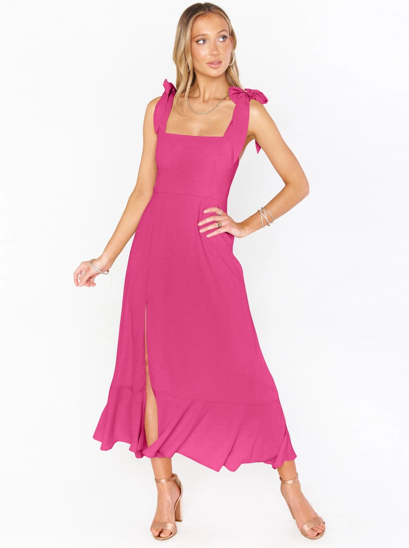 Sommerkleider Midi Lila Pink Schleife Elegant Leinen Maxi mit Schlitz