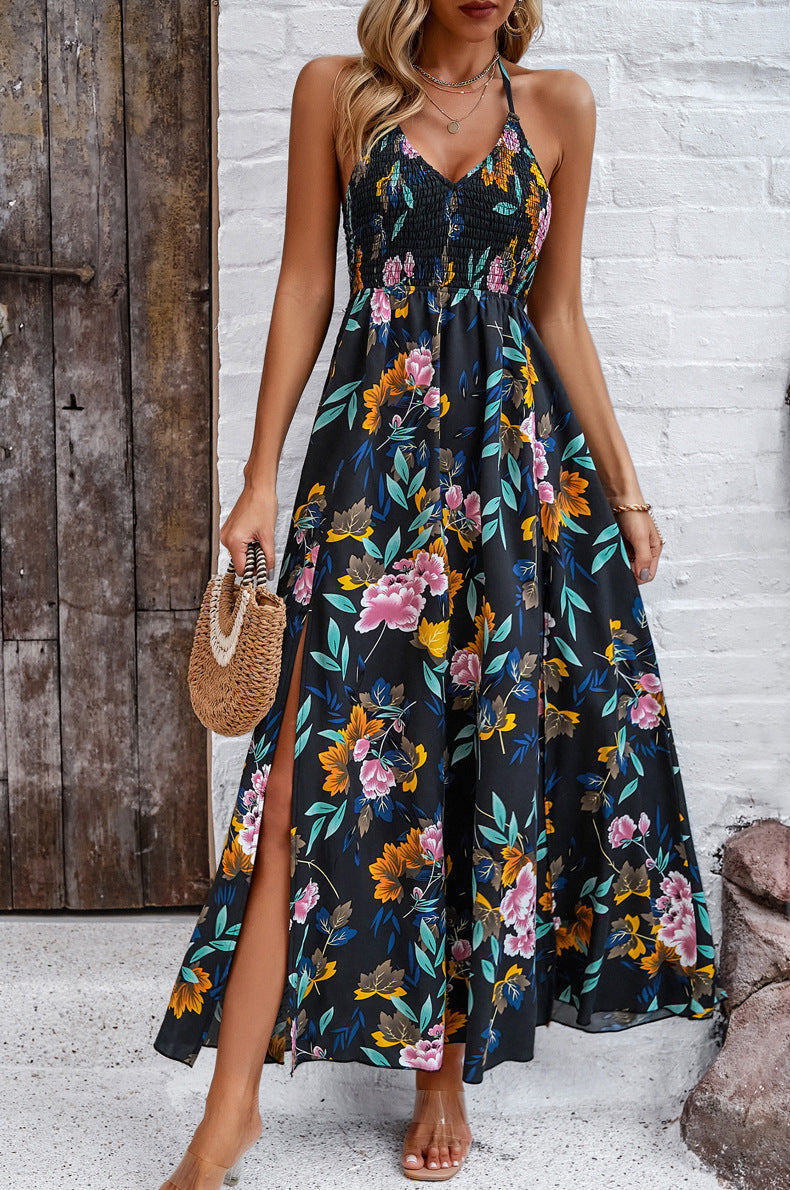 Classy V-Neck Halter Floral Maxi Dress