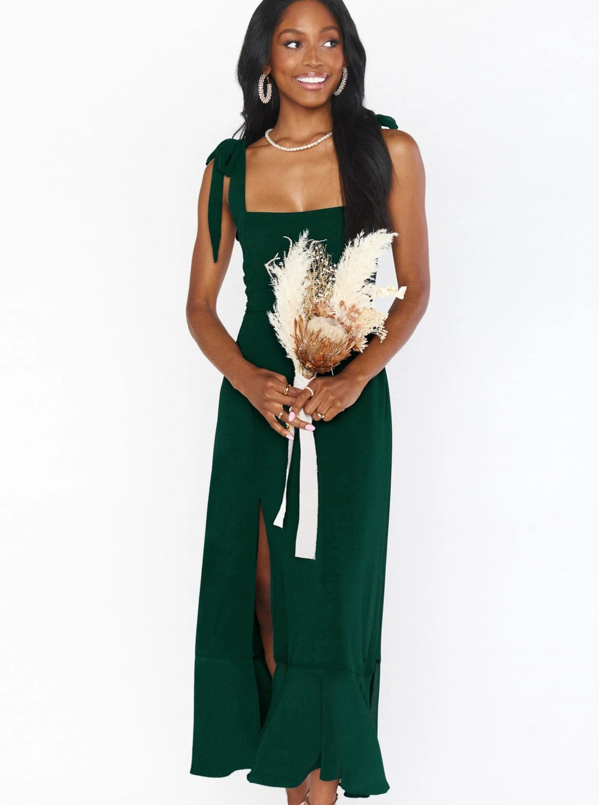 Dark Green High-End Square Neck Sleeveless Slit Dress