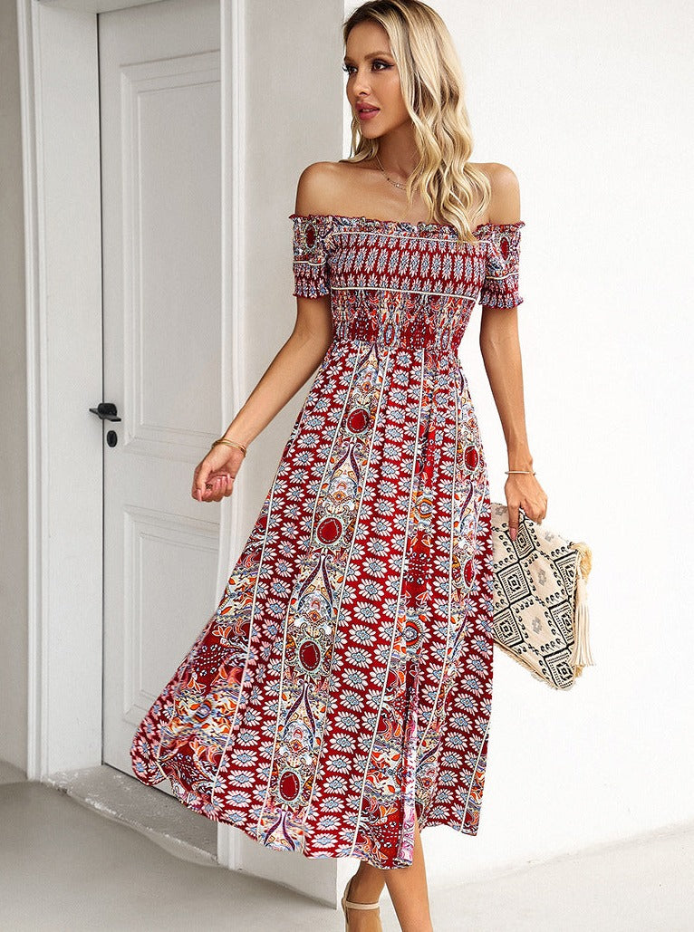 Sommer Off Shoulder Bohemian Slit Midi-kjole 