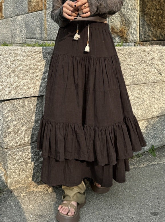 Brown Pleated Mid Length Maxi Skirt