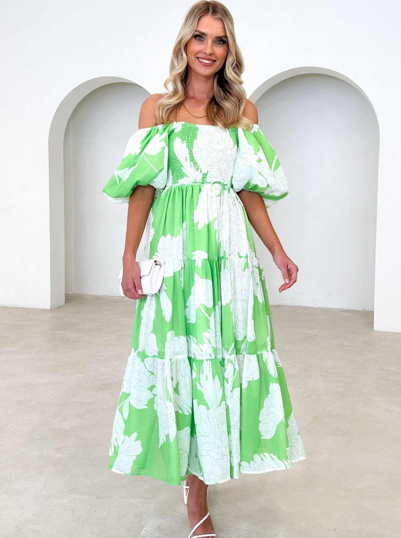 Floral Maxikleid Off-Shoulder Puffärmel Buntes Muster Sommer Chic