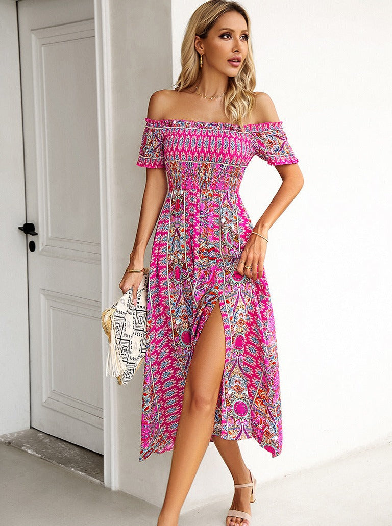 Sommer Off Shoulder Bohemian Slit Midi-kjole 