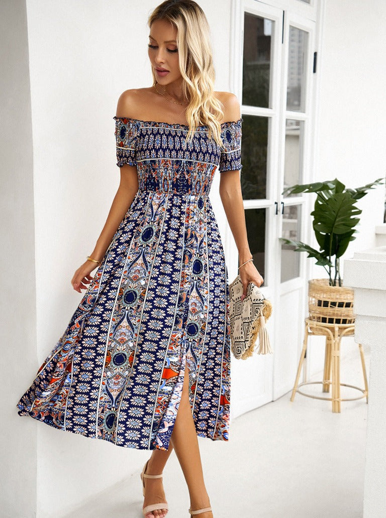 Blå Off Shoulder Bohemian Printed Kjole