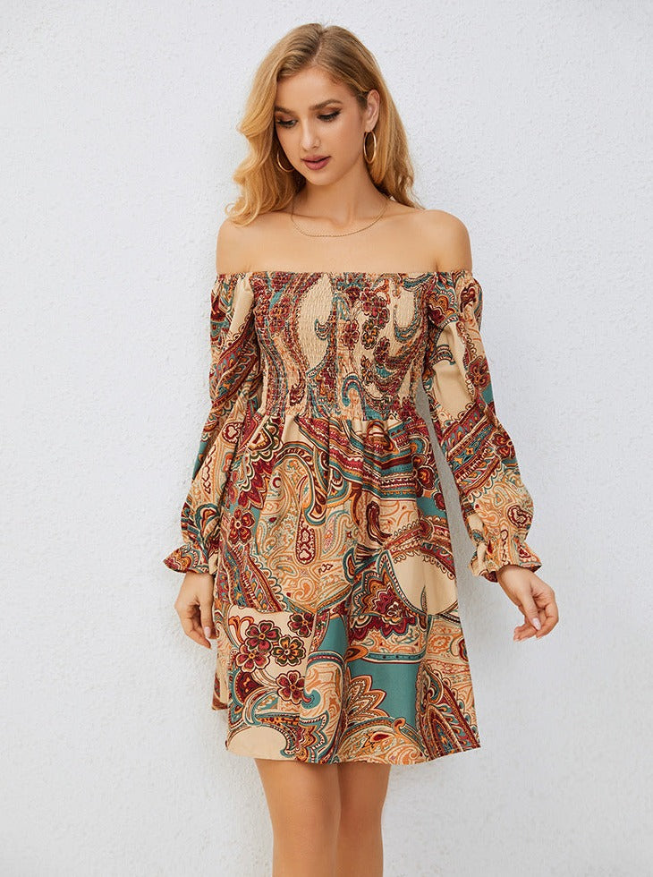 Off Shoulder Langærmet Bohemian Mini Kjole 